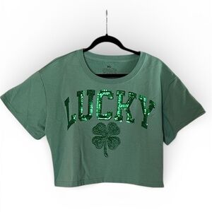 Goodie Two Sleeves Green Sequin & Beaded 'Lucky' Cropped Sweatshirt